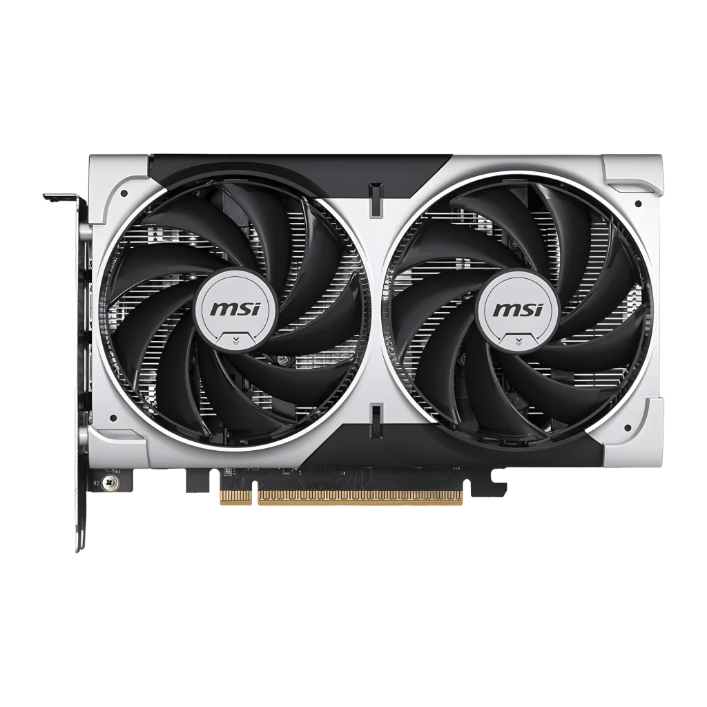 MSI GeForce RTX 5050 Ventus 2X OC 8GB Prata, vista com caixa: placa em ângulo frontal ao lado da caixa preta e verde - Item4