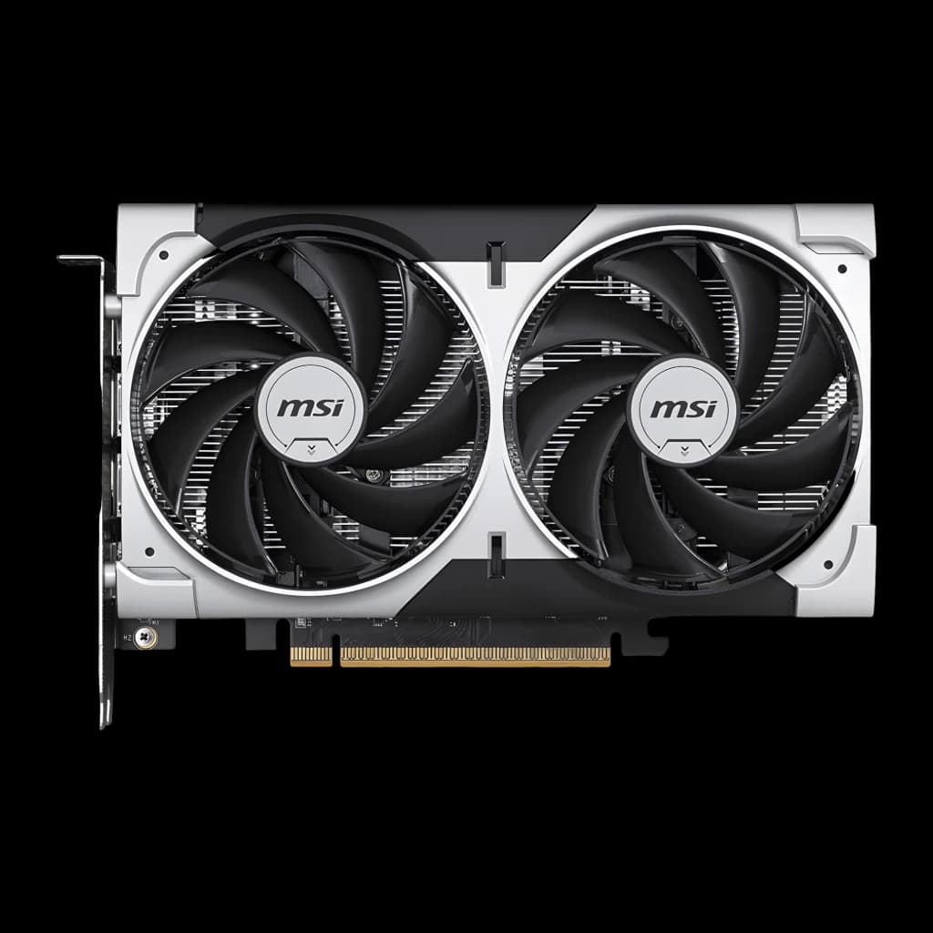 MSI GeForce RTX 5050 Ventus 2X OC 8GB Plata, vista frontal: dos ventiladores con marco plateado y logo MSI, conector PCIe