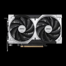 MSI GeForce RTX 5050 Ventus 2X OC 8GB Plata, vista frontal: dos ventiladores con marco plateado y logo MSI, conector PCIe