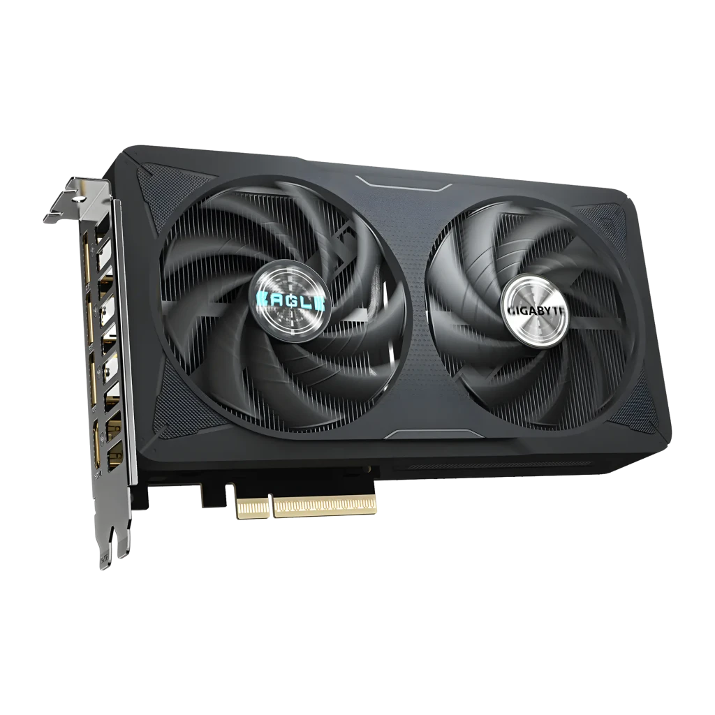 Gigabyte RTX 5060 Eagle MAX OC 8GB Preto, vista com caixa: placa gráfica com dois ventoinhas ao lado da embalagem - Item3
