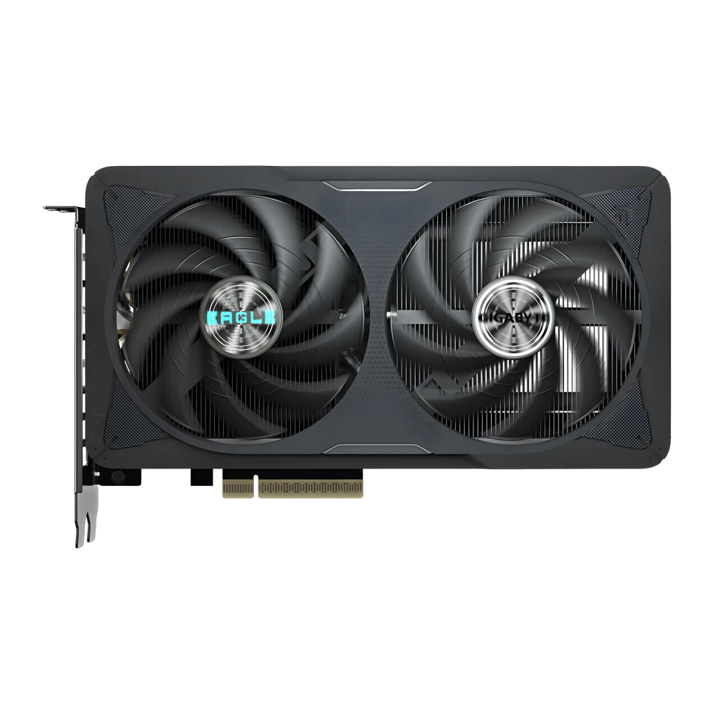 Gigabyte RTX 5060 Eagle MAX OC 8GB Preto, vista com caixa: placa gráfica com dois ventoinhas ao lado da embalagem - Item2