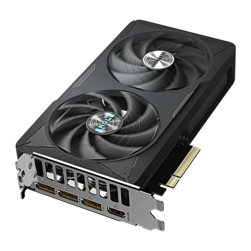 Gigabyte RTX 5060 Eagle MAX OC 8GB Preto, vista com caixa: placa gráfica com dois ventoinhas ao lado da embalagem - Item5