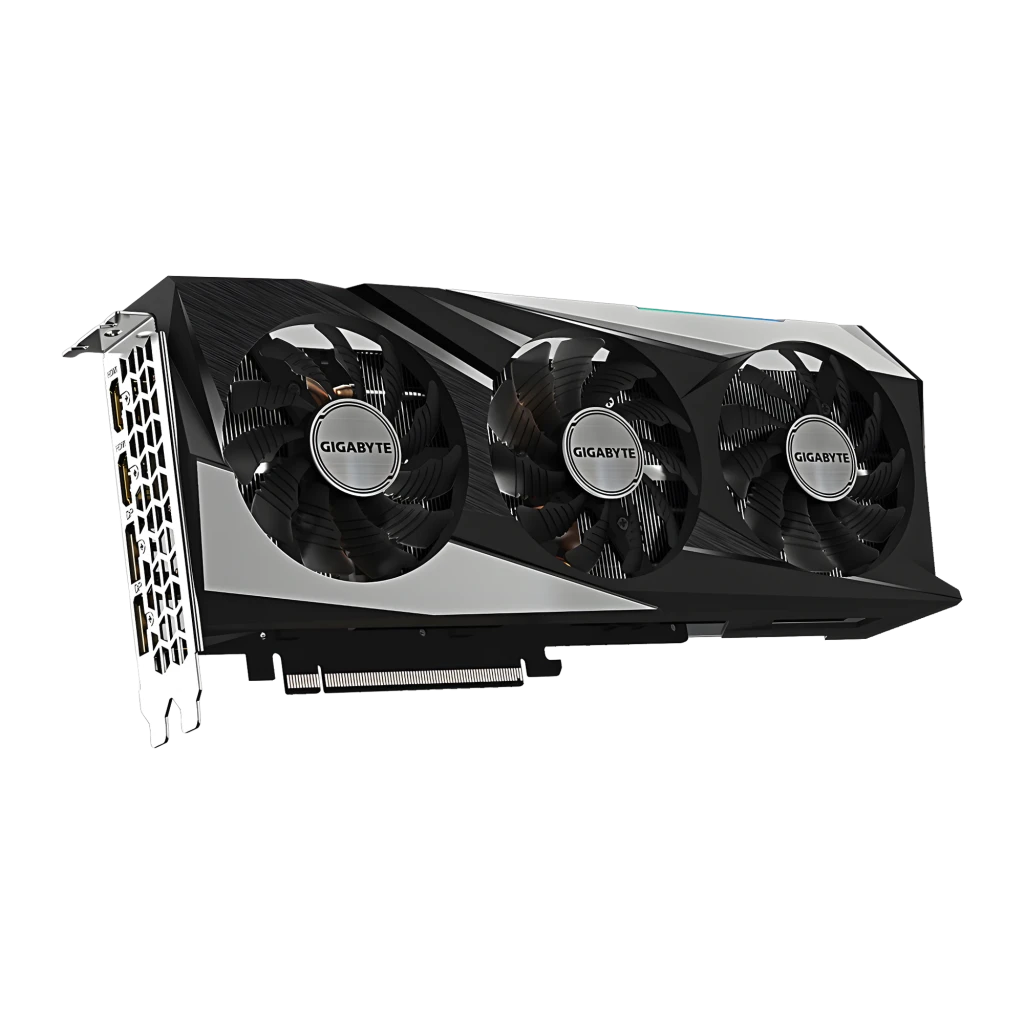 Gigabyte Radeon RX 7600 Gaming OC 8GB preto, produto com caixa: placa gráfica triplo ventilador ao lado da embalagem laranja - Item1
