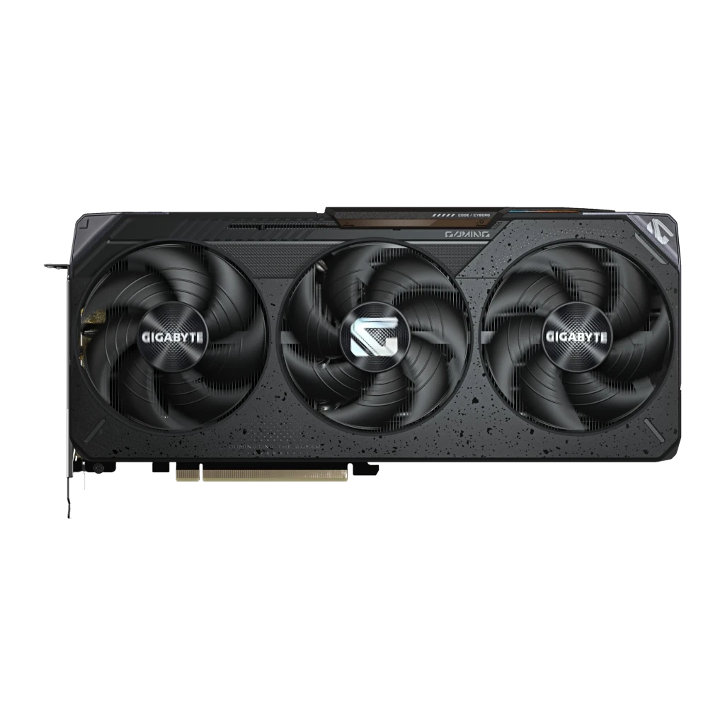 Gigabyte RX 9070 XT Gaming OC 16GB Preto, produto e caixa: placa com três ventoinhas ao lado da embalagem laranja e preta - Item1