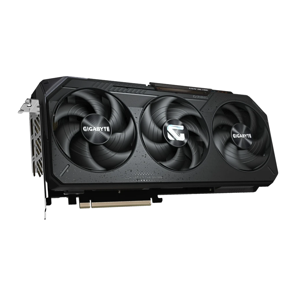 Gigabyte RX 9070 XT Gaming OC 16GB Preto, produto e caixa: placa com três ventoinhas ao lado da embalagem laranja e preta - Item2