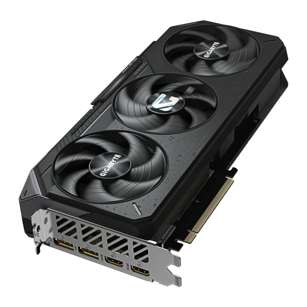 Gigabyte RX 9070 XT Gaming OC 16GB Preto, produto e caixa: placa com três ventoinhas ao lado da embalagem laranja e preta - Item3
