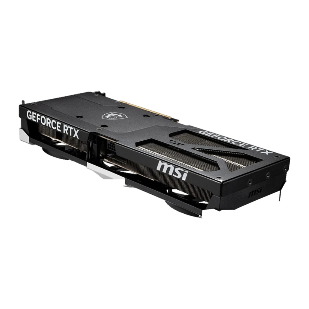 MSI GeForce RTX 5070 Ti Ventus 3X OC 16GB, produto e caixa: placa com 3 ventoinhas prateadas ao lado da caixa preta e verde - Item1