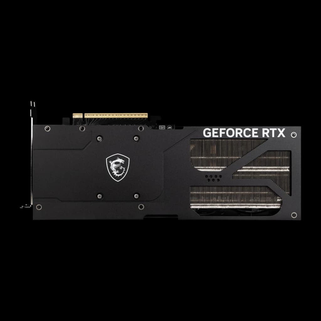 MSI GeForce RTX 5070 Ti Ventus 3X OC 16GB aluminio negro, vista trasera: disipador con aletas y conector PCIe dorado