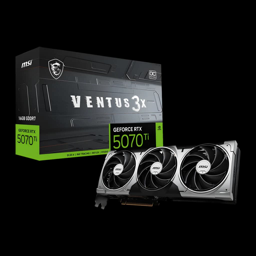 MSI GeForce RTX 5070 Ti Ventus 3X OC 16GB, producto y caja: tarjeta con 3 ventiladores plateados junto a caja negra y verde