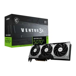 MSI GeForce RTX 5070 Ti Ventus 3X OC 16GB, producto y caja: tarjeta con 3 ventiladores plateados junto a caja negra y verde