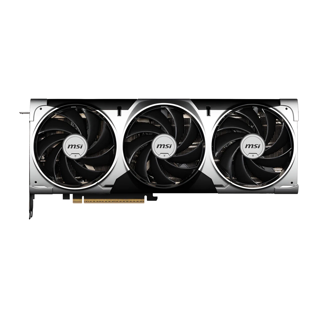 MSI GeForce RTX 5070 Ti Ventus 3X OC 16GB, produto e caixa: placa com 3 ventoinhas prateadas ao lado da caixa preta e verde - Item3