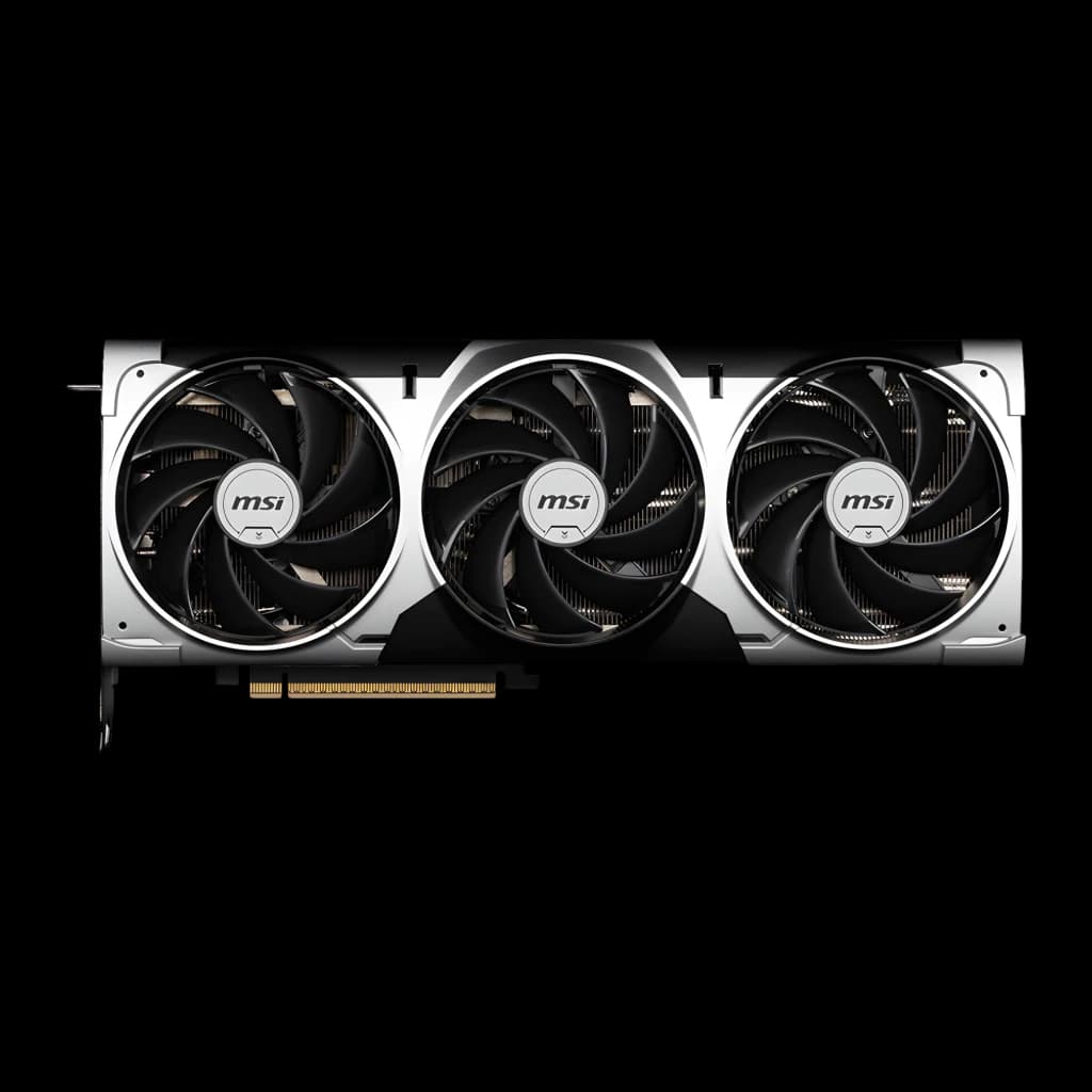 MSI GeForce RTX 5070 Ti Ventus 3X OC 16GB, vista frontal: tres ventiladores con marco plateado y logo MSI sobre fondo negro