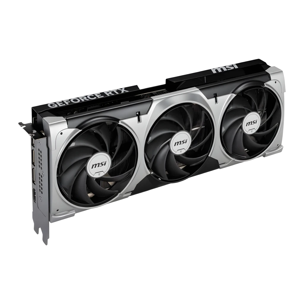 MSI GeForce RTX 5070 Ti Ventus 3X OC 16GB, produto e caixa: placa com 3 ventoinhas prateadas ao lado da caixa preta e verde - Item4