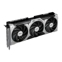 MSI GeForce RTX 5070 Ti Ventus 3X OC 16GB, vista frontal en ángulo: tres ventiladores con marco plateado y cubierta negra