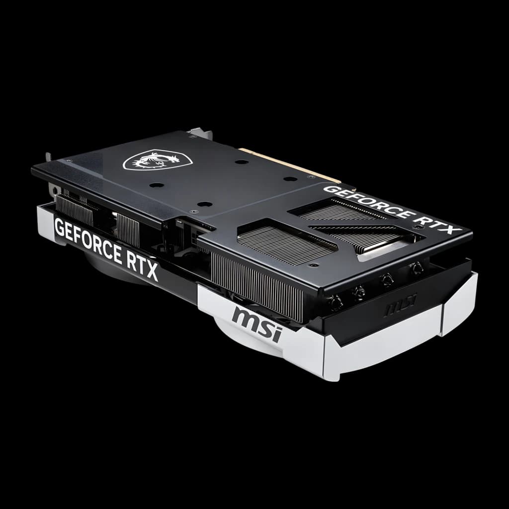 MSI GeForce RTX 5070 Ventus 2X OC 12GB Negro, vista trasera: backplate negro con logo dragón MSI y texto GeForce RTX