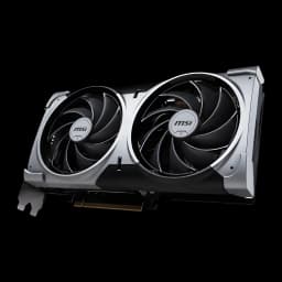 MSI GeForce RTX 5070 Ventus 2X OC 12GB negro, vista frontal en ángulo: dos ventiladores con aros plateados y logo MSI