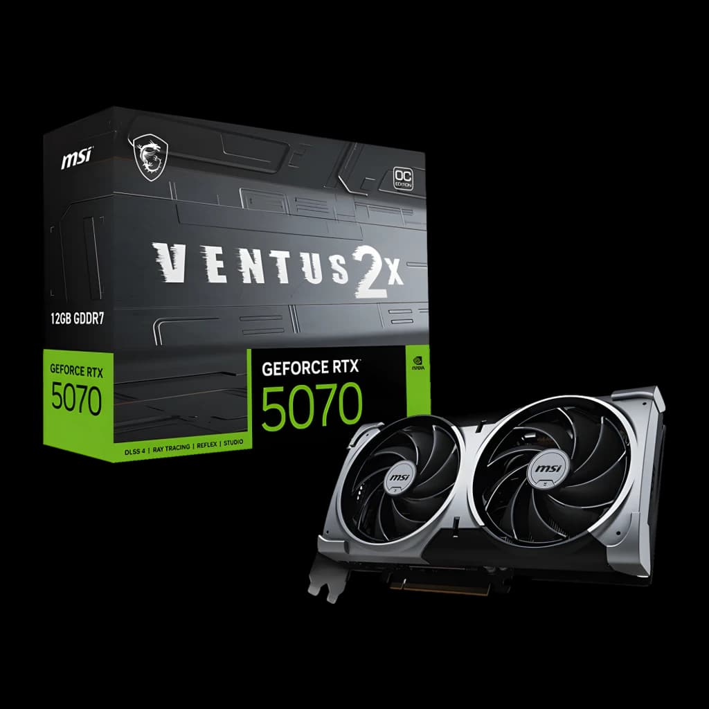 MSI GeForce RTX 5070 Ventus 2X OC 12GB Negro, vista con caja: tarjeta gráfica y packaging negro con detalles verdes