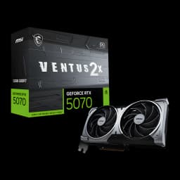 MSI GeForce RTX 5070 Ventus 2X OC 12GB Negro, vista con caja: tarjeta gráfica y packaging negro con detalles verdes