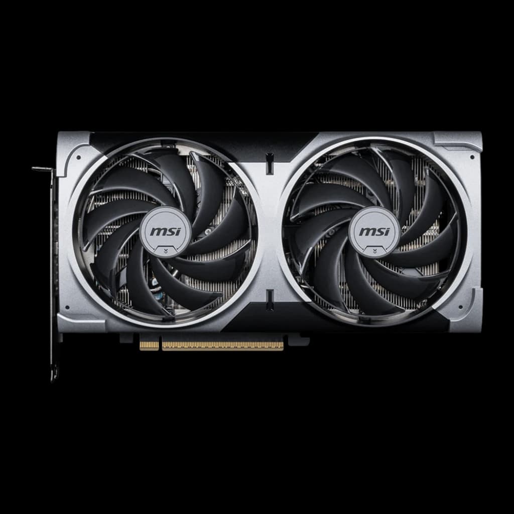 MSI GeForce RTX 5070 Ventus 2X OC 12GB Negro, vista frontal: dos ventiladores con logo MSI y conector PCIe dorado