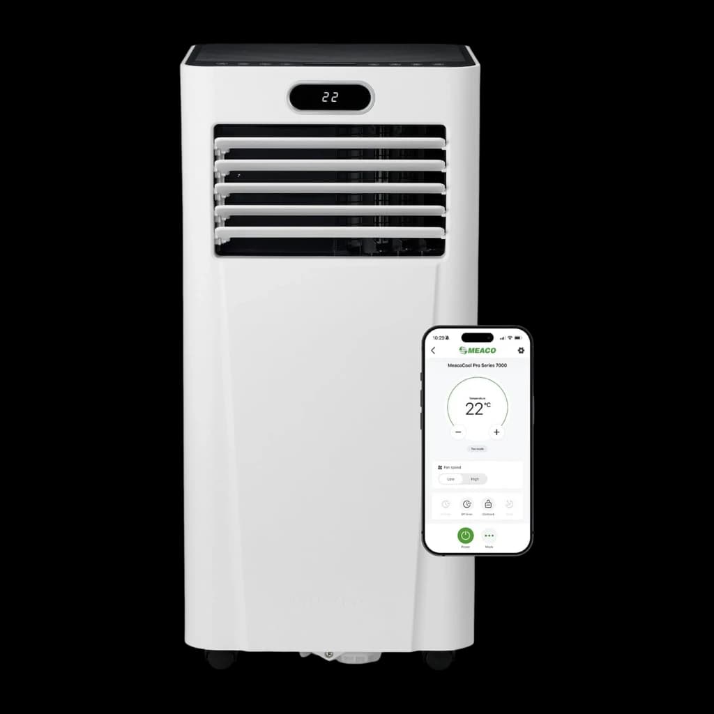 MEACO MC7000RPRO 7000 BTU climatiseur portable blanc avec écran LED, grilles d’aération horizontales, roulettes et contrôle via application mobile