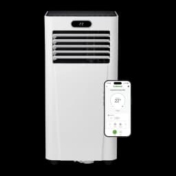 MEACO MC7000RPRO 7000 BTU climatiseur portable blanc avec écran LED, grilles d’aération horizontales, roulettes et contrôle via application mobile