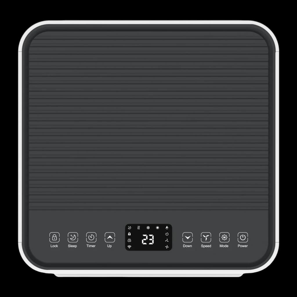 MEACO MC7000RPRO 7000 BTU panneau supérieur noir avec écran LED central, commandes tactiles rétroéclairées, boutons Lock Sleep Timer Up Down Speed Mode