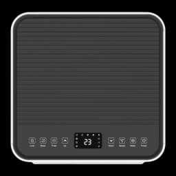 MEACO MC7000RPRO 7000 BTU panneau supérieur noir avec écran LED central, commandes tactiles rétroéclairées, boutons Lock Sleep Timer Up Down Speed Mode
