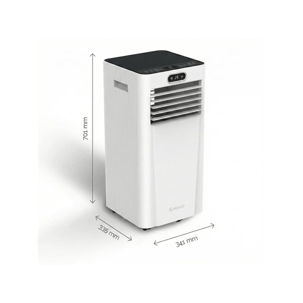 MEACO MC7000RPRO 7000 BTU, climatiseur portable blanc compact avec panneau noir, affichage LED, ailettes frontales, style colonne, dimensions 701x341x335 mm