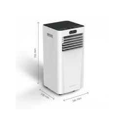 MEACO MC7000RPRO 7000 BTU, climatiseur portable blanc compact avec panneau noir, affichage LED, ailettes frontales, style colonne, dimensions 701x341x335 mm
