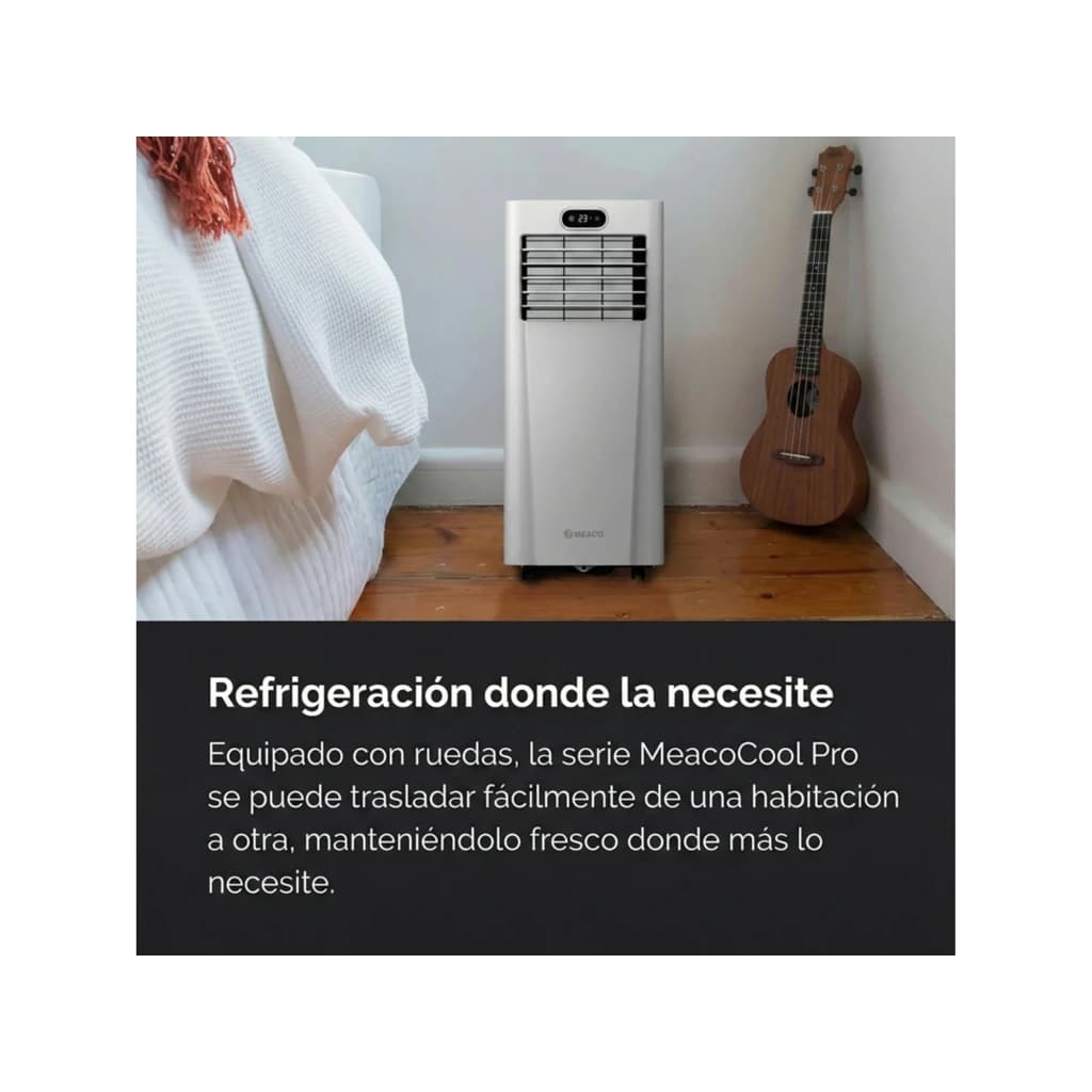 MEACO MC7000RPRO 7000 BTU climatiseur portable blanc avec écran LED, volets réglables, sorties d’air frontales et roulettes pour déplacement facile