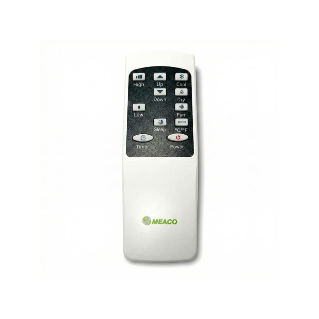 Télécommande MEACO MC7000RPRO 7000 BTU compacte, blanche, écran et boutons noirs: puissance, modes Cool/Dry/Fan, vitesses, minuterie, veille, C/°F,