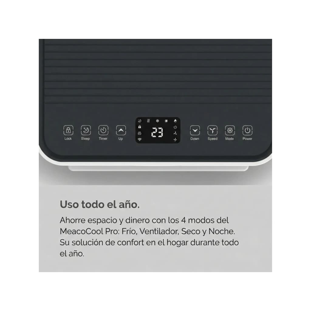MEACO MC7000RPRO 7000 BTU panneau supérieur noir avec écran LED central, boutons tactiles rétroéclairés pour modes Froid Ventilateur Sec Nuit et réglages