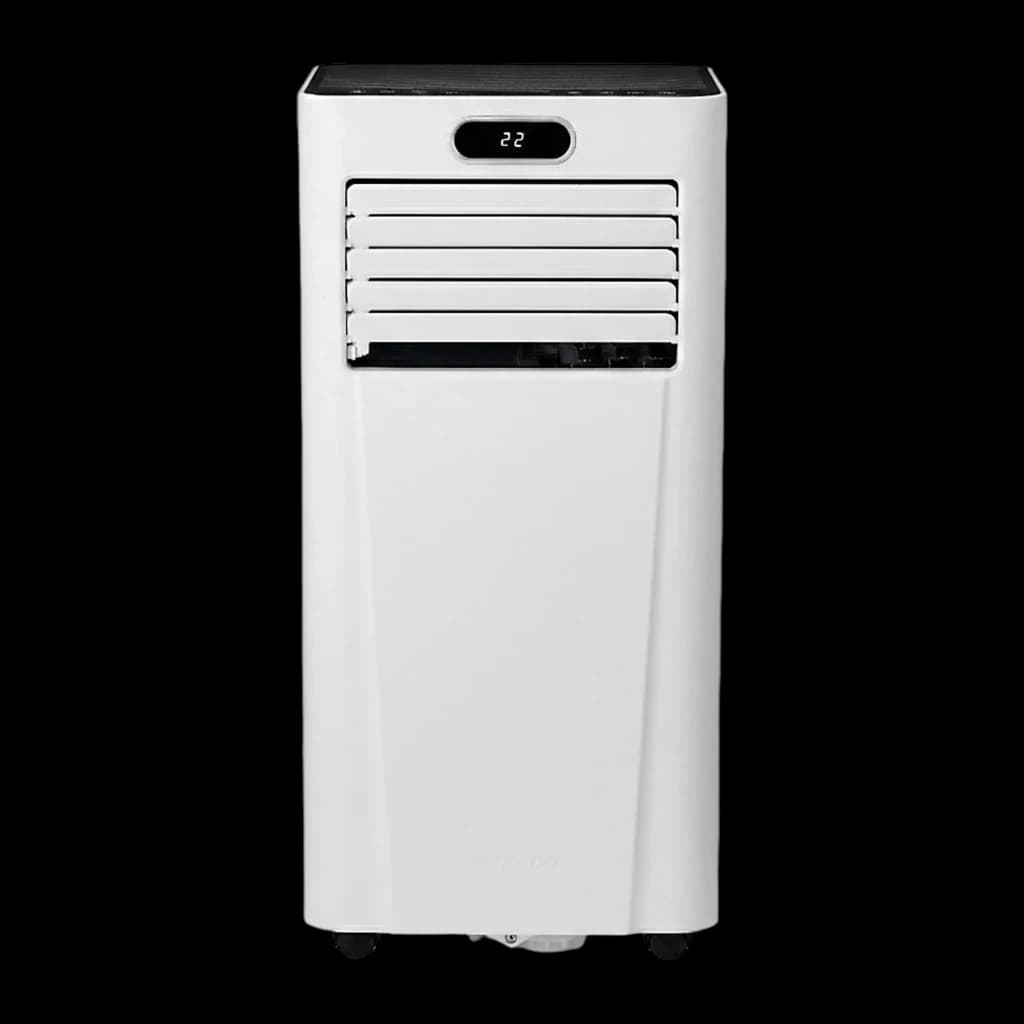 Climatiseur portable blanc avec écran LED 22, volets d’air horizontaux, coins arrondis et roulettes discrètes pour déplacement facile