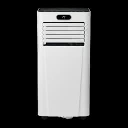 Climatiseur portable blanc avec écran LED 22, volets d’air horizontaux, coins arrondis et roulettes discrètes pour déplacement facile