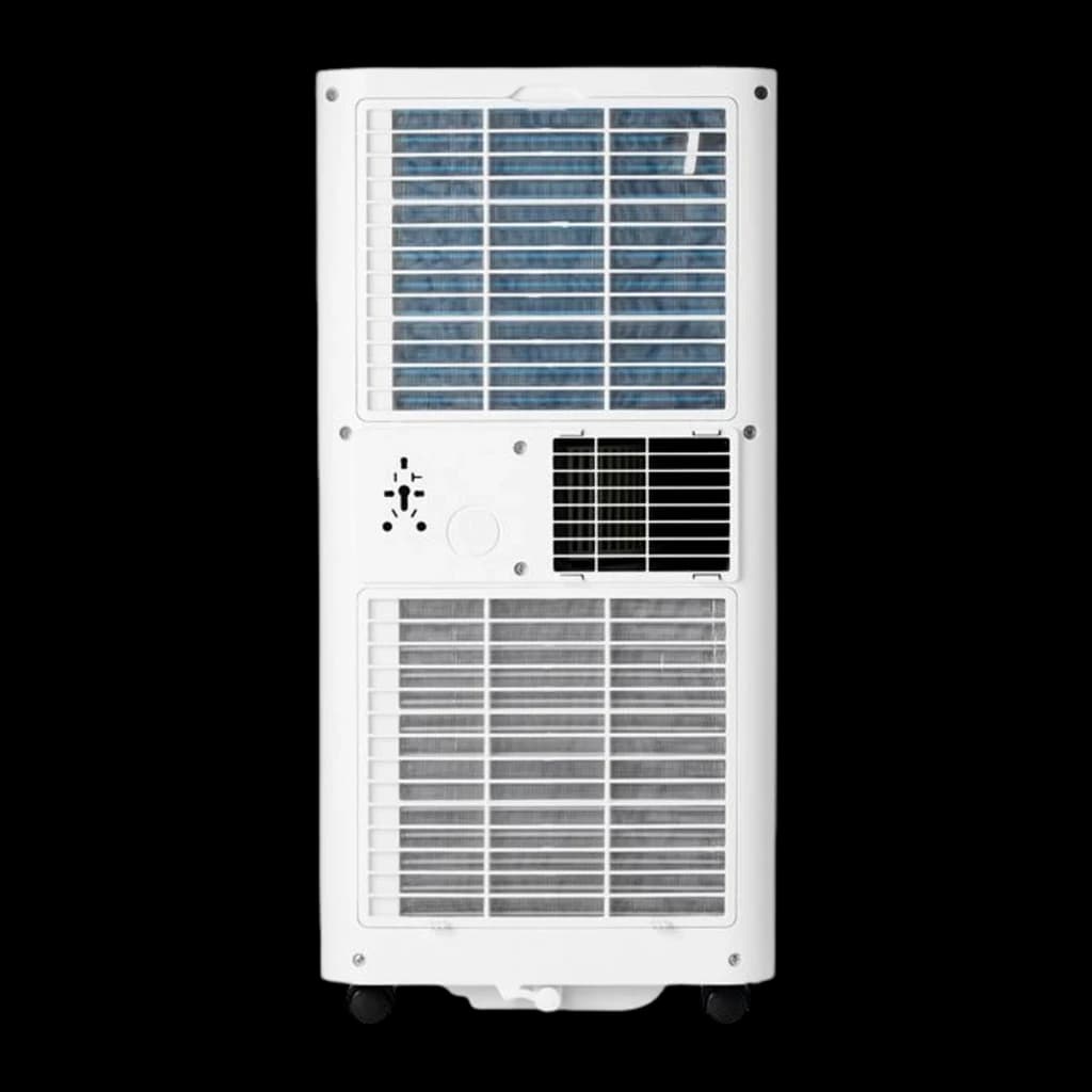 Panneau arrière blanc du climatiseur portable MeacoCool Pro 10 000 BTU avec grandes grilles de ventilation, filtre visible, roulette et évent latéral