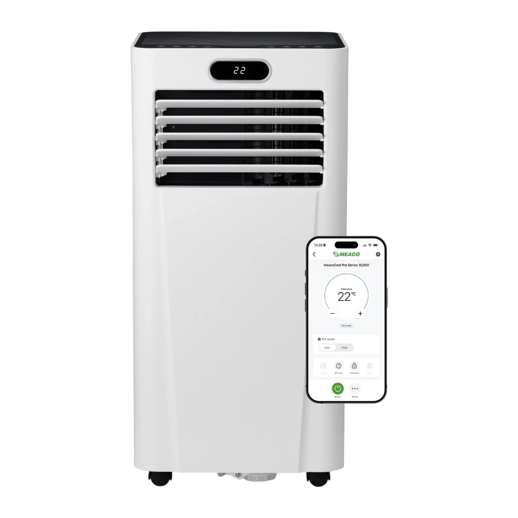 Climatiseur portable blanc avec écran LED 22, volets d’air horizontaux, coins arrondis et roulettes discrètes pour déplacement facile - Ítem2