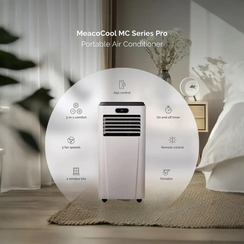 Climatiseur portable blanc avec écran LED 22, volets d’air horizontaux, coins arrondis et roulettes discrètes pour déplacement facile - Ítem1
