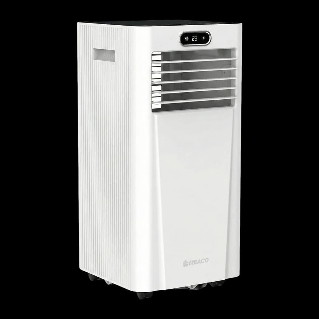 Climatiseur portable blanc avec écran LED 23°, grilles horizontales argentées, poignées latérales, roulettes discrètes et logo Meaco en bas pour