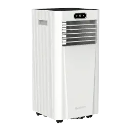 Climatiseur portable blanc avec écran LED 23°, grilles horizontales argentées, poignées latérales, roulettes discrètes et logo Meaco en bas pour