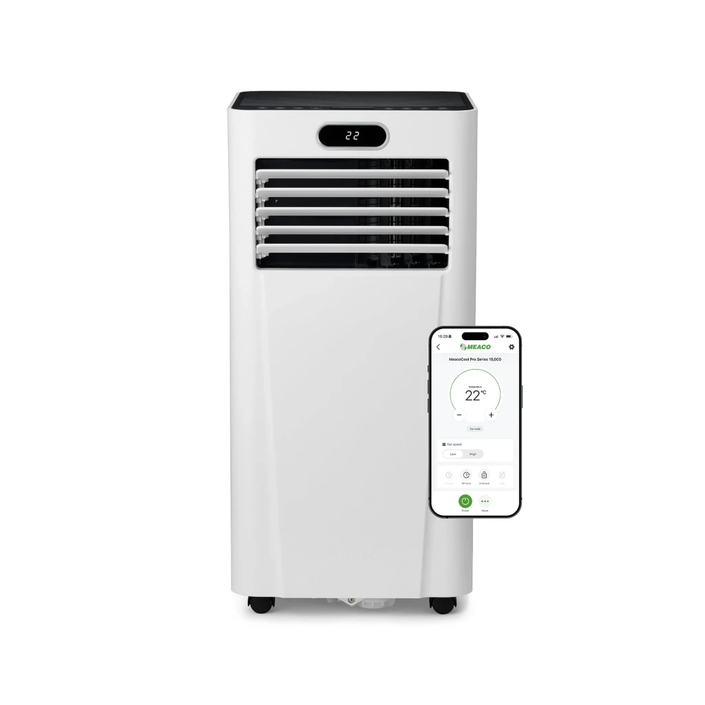 Climatiseur portable blanc avec écran LED 23°, grilles horizontales argentées, poignées latérales, roulettes discrètes et logo Meaco en bas pour - Ítem6