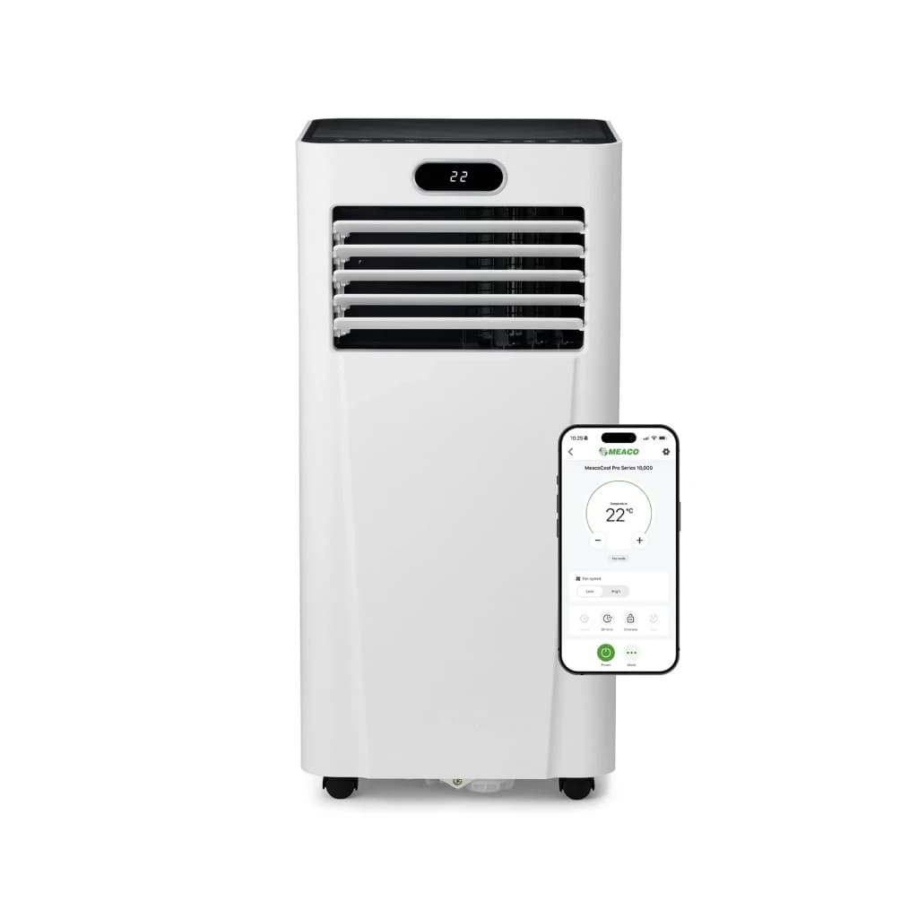 Climatiseur portable blanc avec écran LED, grandes grilles frontales, roulettes et contrôle Wi‑Fi via smartphone; compact pour pièces jusquà 26 m²