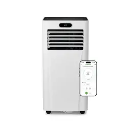 Climatiseur portable blanc avec écran LED, grandes grilles frontales, roulettes et contrôle Wi‑Fi via smartphone; compact pour pièces jusquà 26 m²