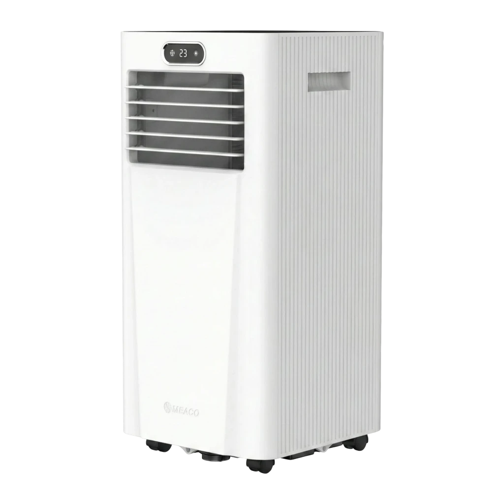 Climatiseur portable blanc avec écran LED 23°, grilles horizontales argentées, poignées latérales, roulettes discrètes et logo Meaco en bas pour - Ítem5