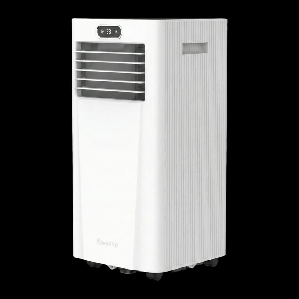 Climatiseur portable blanc vertical avec grille frontale à lamelles, écran LED 23 sur le dessus, côtés rainurés, roulettes discrètes pour déplacement