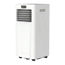 Climatiseur portable blanc vertical avec grille frontale à lamelles, écran LED 23 sur le dessus, côtés rainurés, roulettes discrètes pour déplacement