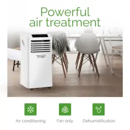 Climatiseur portable MeacoCool Pro 9000 BTU blanc avec écran LED, ailettes orientables, roulettes et tuyau d’évacuation; modes froid, ventilation et