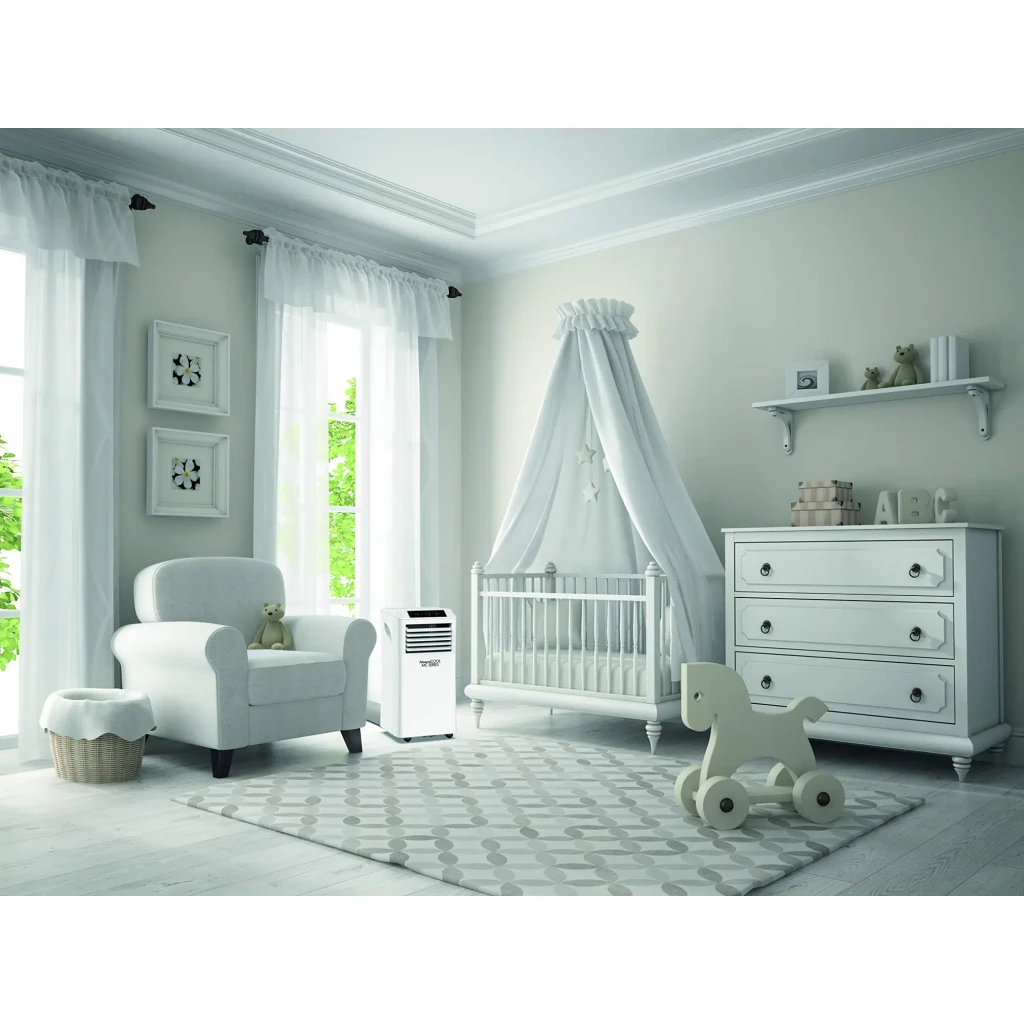 Climatiseur portable blanc avec écran LED 23°, grilles horizontales argentées, poignées latérales, roulettes discrètes et logo Meaco en bas pour - Ítem2