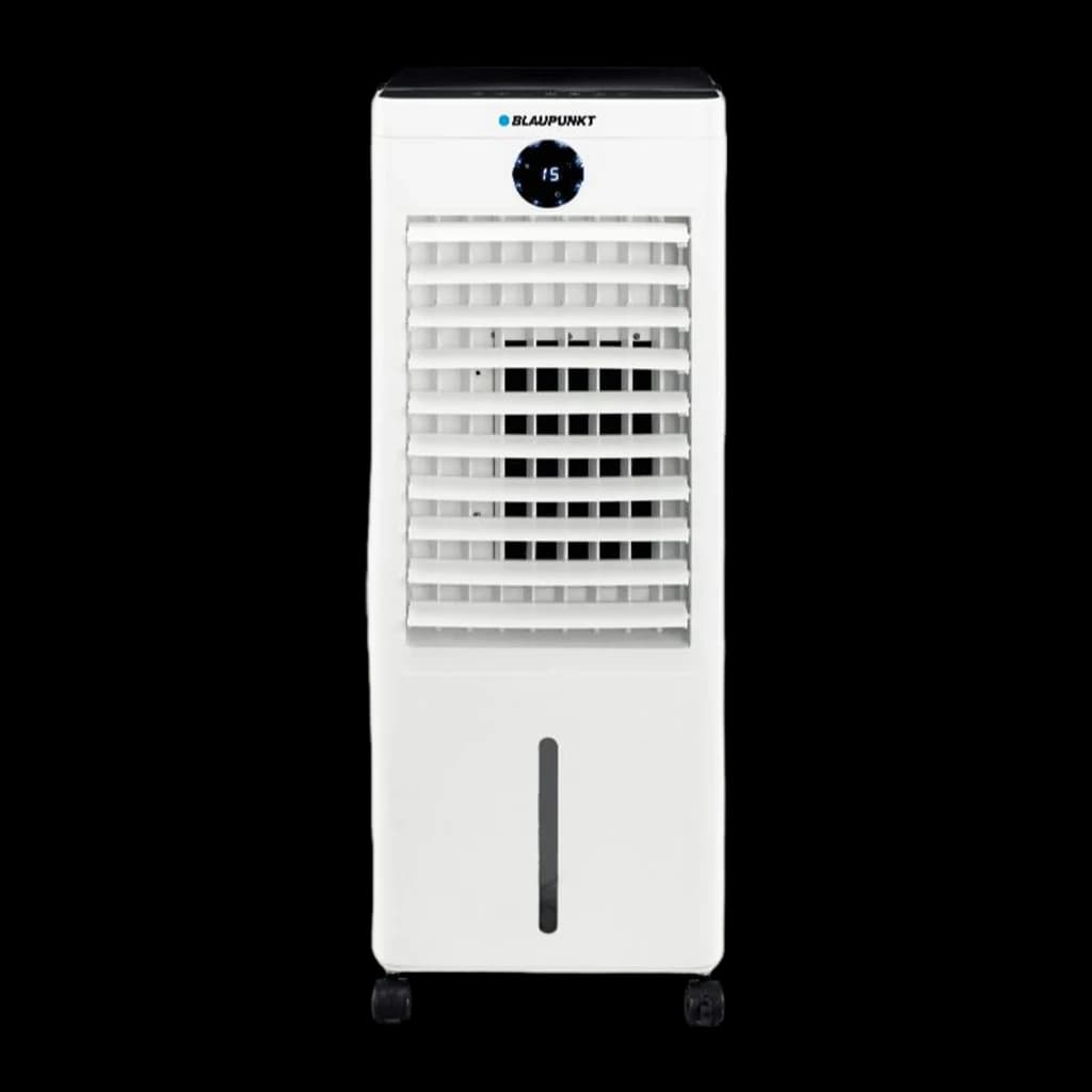 Climatiseur évaporatif Blaupunkt BP2024 blanc, façade à larges ailettes, écran LED bleu, réservoir avec jauge frontale, roulettes noires, format étroit