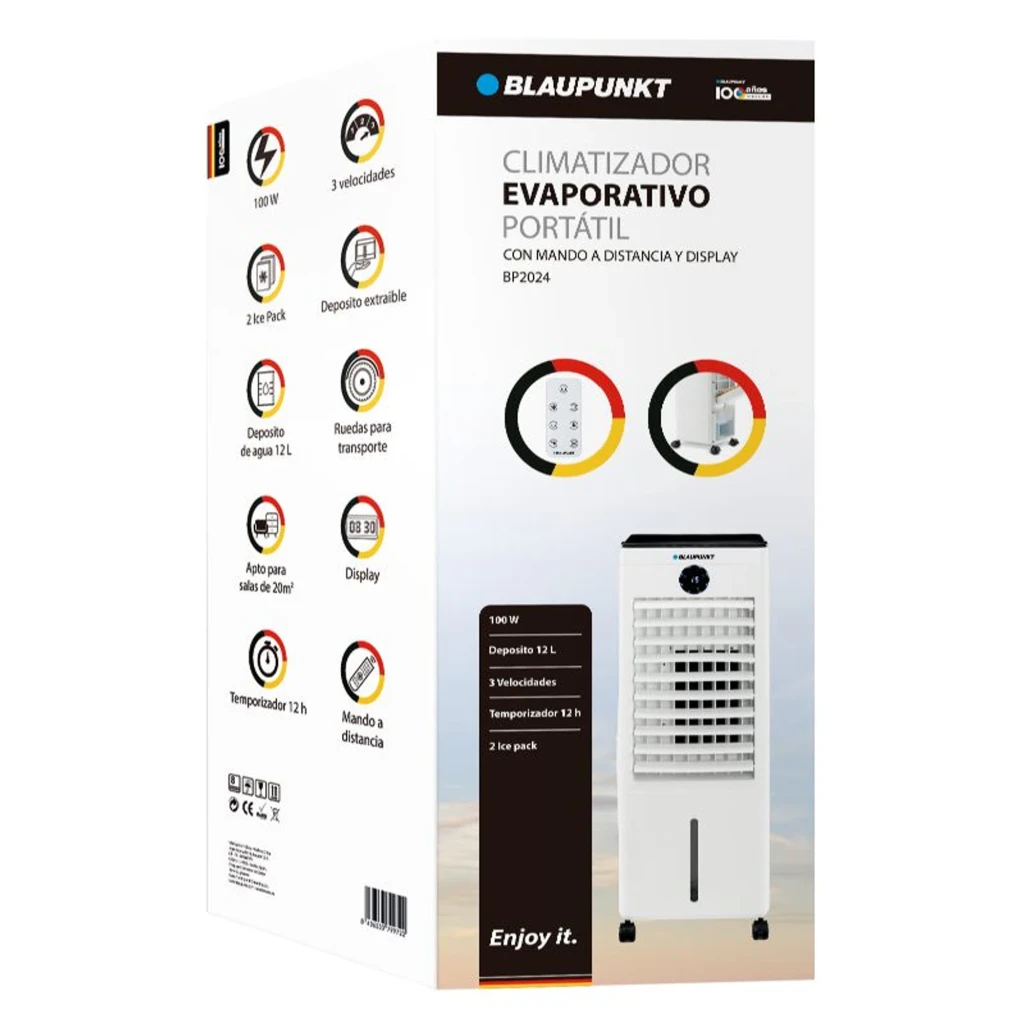 Climatizador evaporativo Blaupunkt BP2024 100W, panel digital frontal, rejilla ajustable, depósito visible, cuerpo blanco compacto con ruedas y 3 velocidades - Ítem3