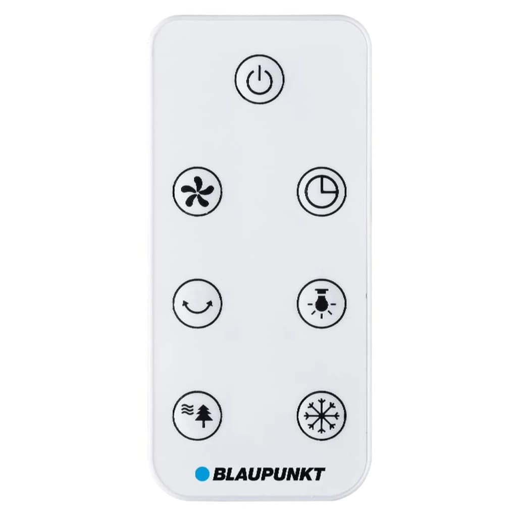 Télécommande blanche Blaupunkt BP2024 avec boutons pictogrammes: marche, 3 vitesses, minuteur, mode nuit, ionisation, oscillation et refroidissement